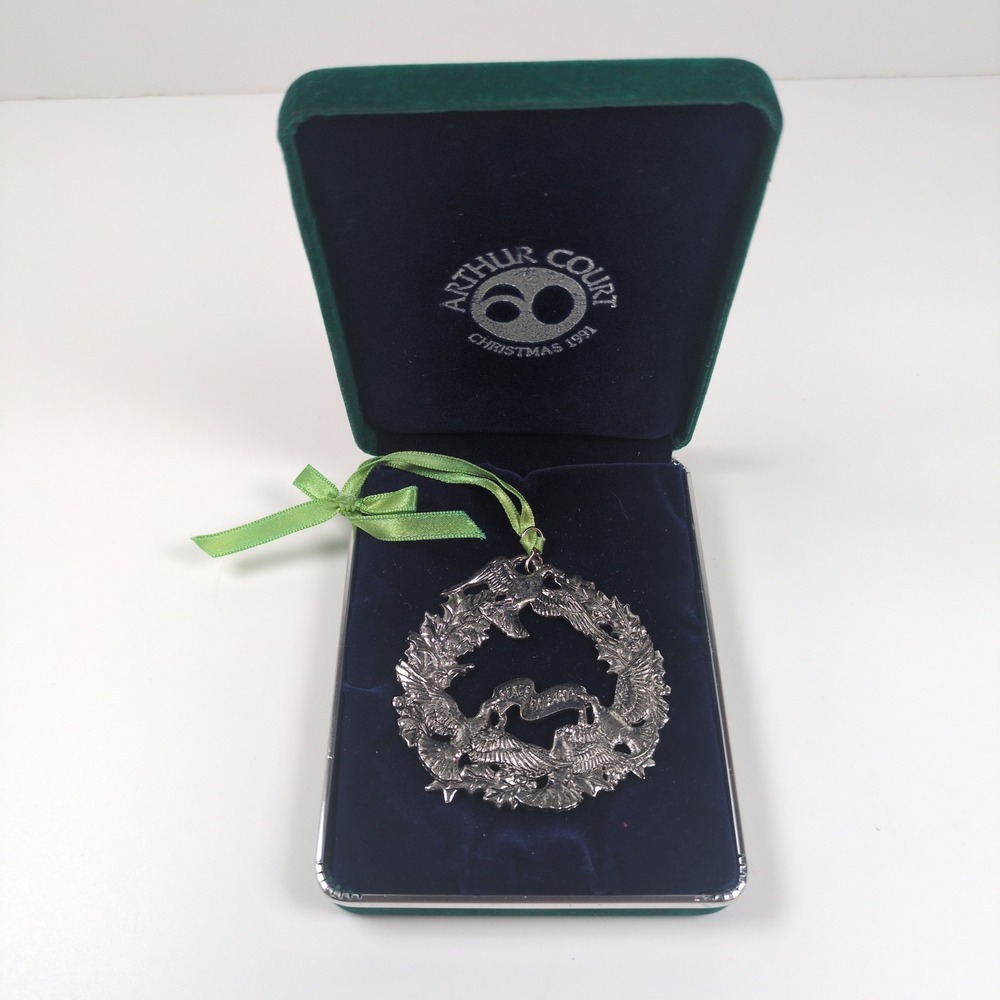 Vtg 1991 Arthur Court Ornament Silver Tone Peace on Earth Dove Wreath Box